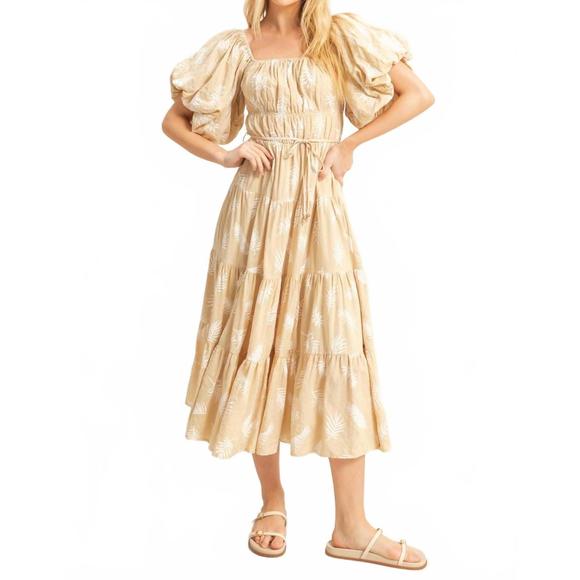NEW HYFVE leaf print puff sleeve tiered midi dress in taupe - Picture 1 of 3